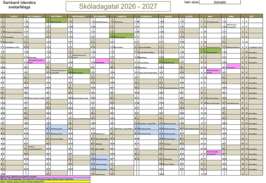 Fréttamynd - Skóladagatal Marbakka 2026 til 2027
